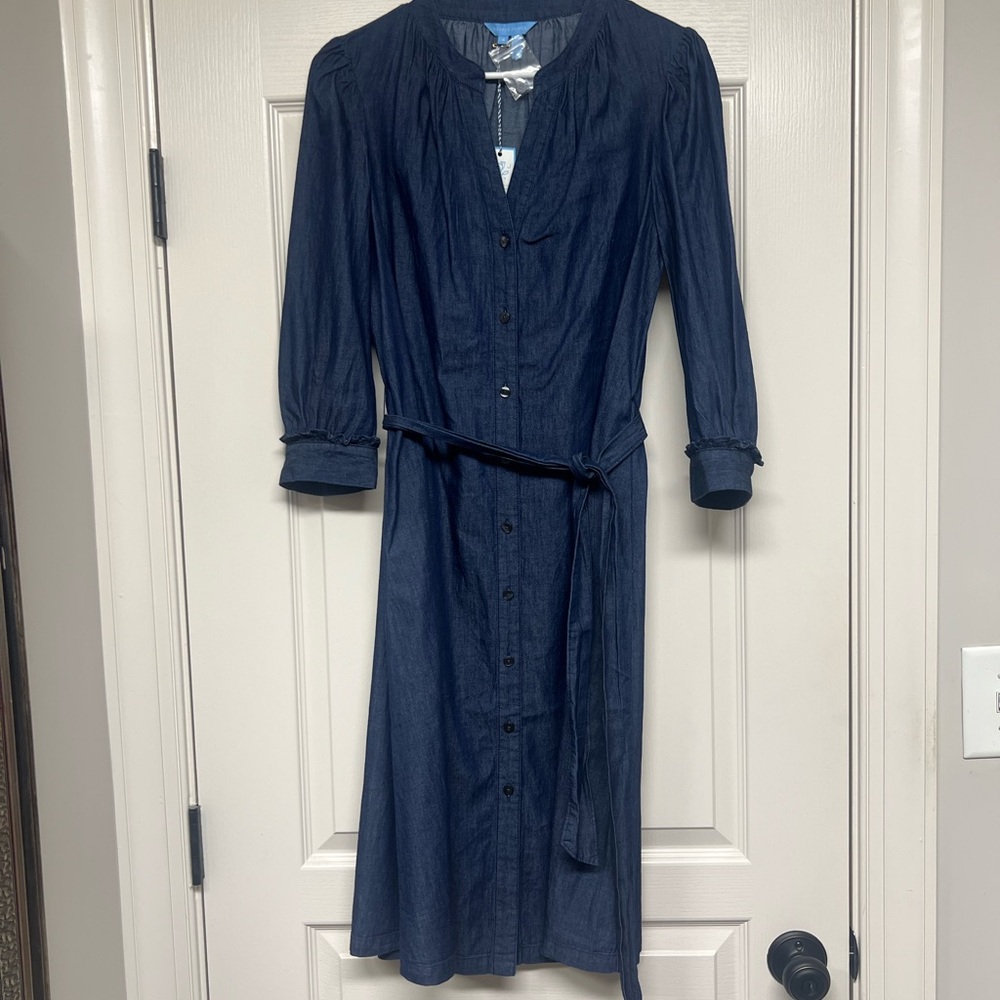 Draper James Blue Wrap Dress with Cuffed 3/4 Sleeves